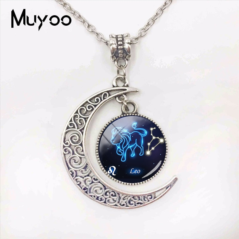 2019 New Fashion Galaxy Zodiac Signs Moon Pendants Blue Astrology Sign Horoscope Zodiac Signs Jewelry Glass Dome Necklace