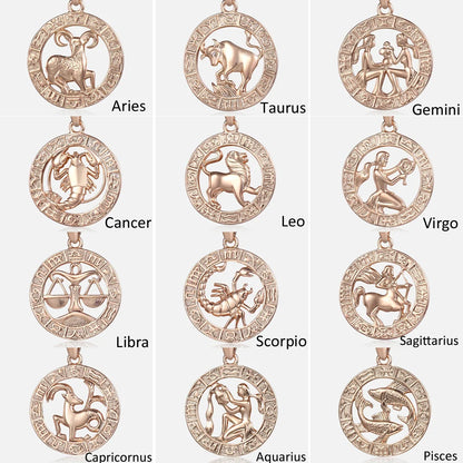 Women's Zodiac Sign Pendant 12 Constellation Charm 585 Rose Gold Color Necklace Aries Leo Scorpio 3mm Snail Jewelry GP278