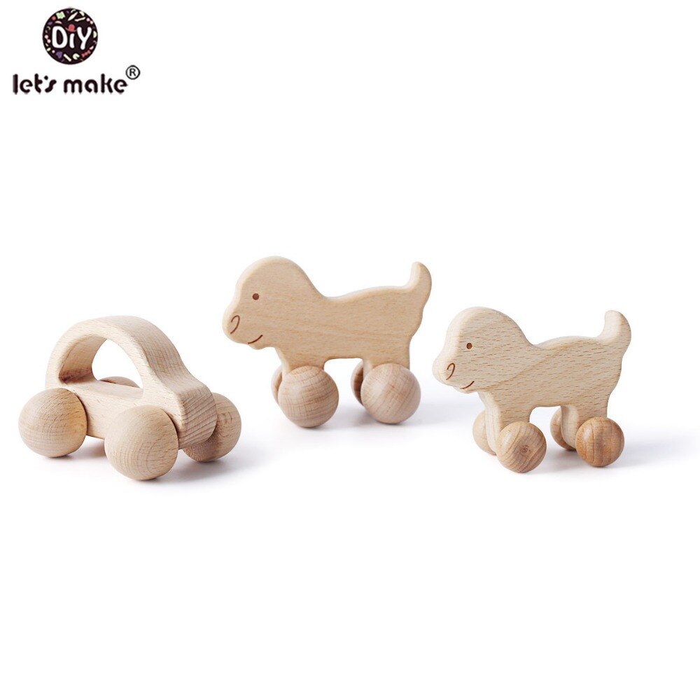 Let&#39;s Make Beech Wooden Animals 1pc Dogs Car Cartoon Elephants Montessori Toys For Children Teething Nursing Baby Teethers