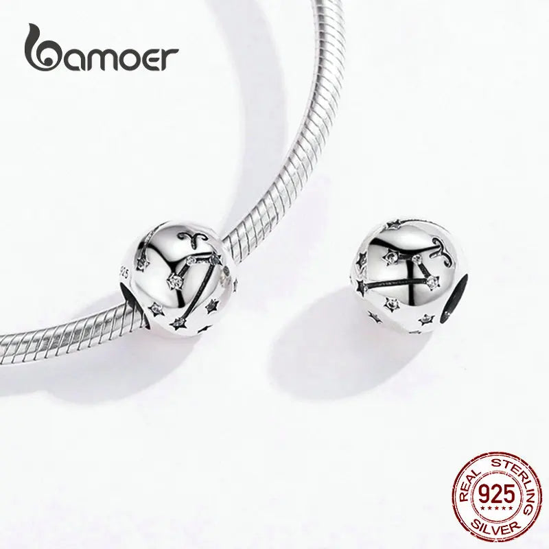 BAMOER Vintage 925 Sterling Silver Twelve Constellations Star Sign Zodiac Beads Charms fit Charm Bracelet Neckalce DIY SCC1218