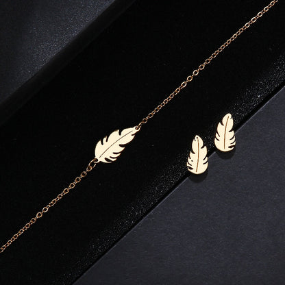 CACANA Stainless Steel Sets For Women Feather Shape Necklace Bracelet Earring Jewelry Lover's Engagement Jewelry