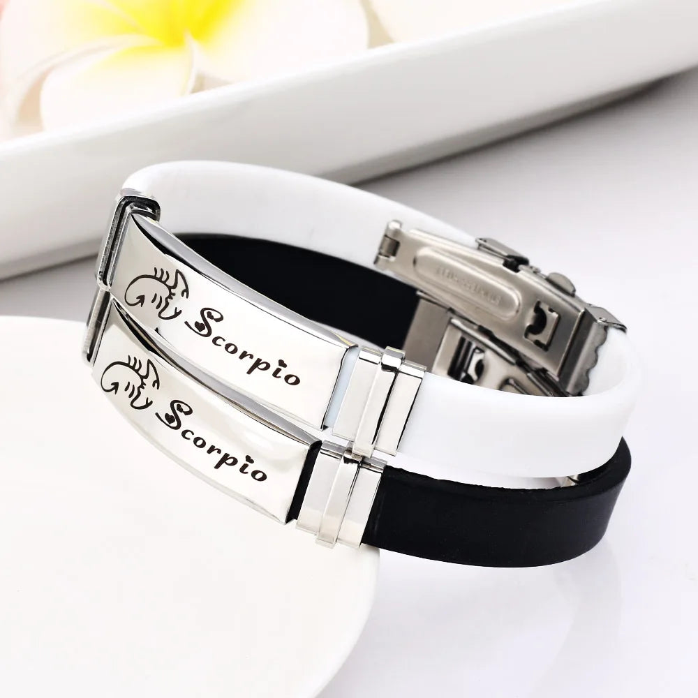 12 Constellations Signs Stainless Steel Bracelets Women Rubber Charm 12 Zodiac Casual Personality Cuff Bracelets for Women