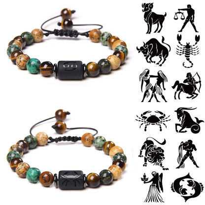 12 Zodiac Signs Constellation Bracelet Natural Picture Turquois Tiger Eye Stone Woven Bracelet Jewelry for Women Man Couple Gift