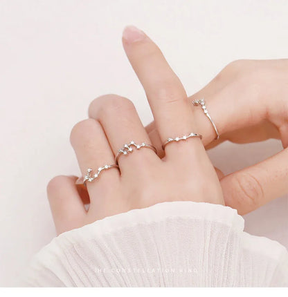 New Minimalist Inlaid Cubic Zircon 12 Constellation Zodiac Sign Rings for Women Simple Silver Color Adjustable Ring Jewelry Gift