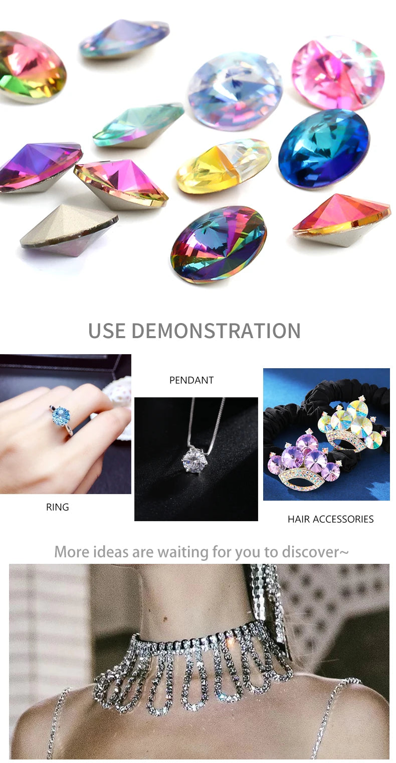 6/8/10/12/14MM Rivoli Rhinestone Round Pointed Diamond Stones Colorful Beads Crafts Crystal Nail Clothes Jewelry Accessories