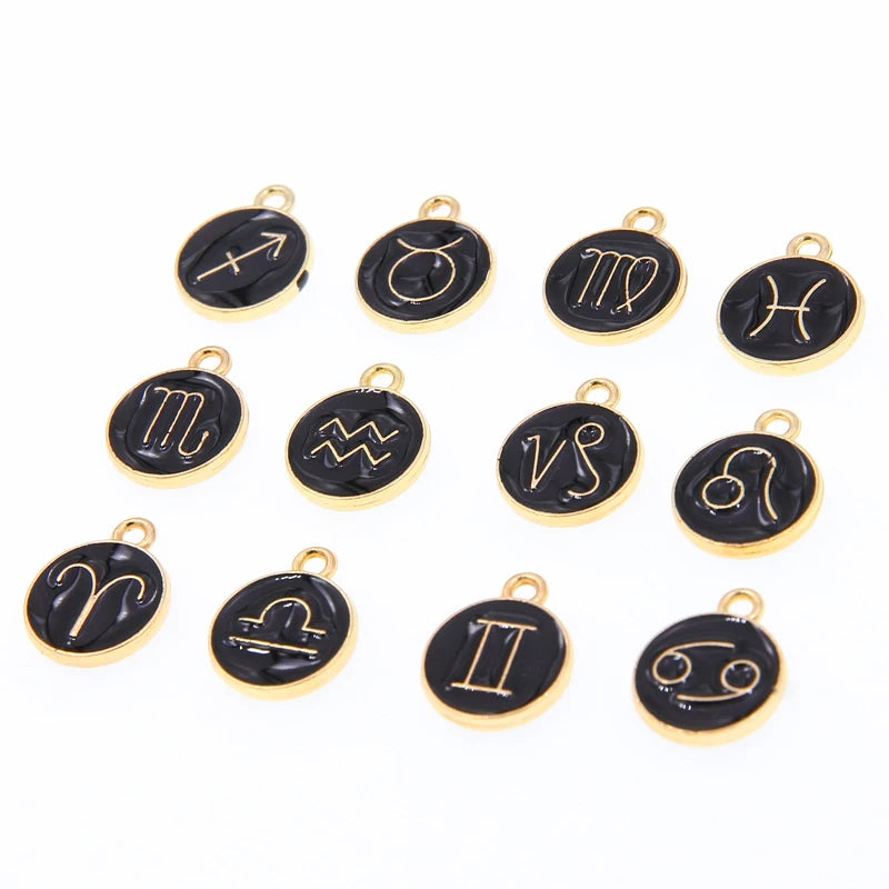 Black enamel 12 Pieces/Set Metal Alloy Enamel Zodiac Signs Charms Pendant Diy Hand Made Jewelry Accessories