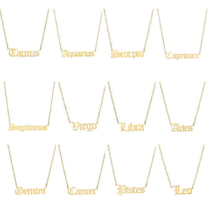 Stainless Steel 12 Zodiac Constellation Necklaces Letter Aquarius Aries Gemini Pisces Leo Sagittarius Pendant Necklace for Women