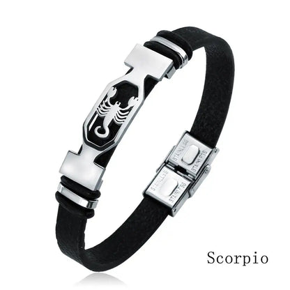 Stainless Steel 12 Constellation Bracelets  Zodiac Black Leather Couple Bracelet for Men and Women Jewelry Pulseras Hombre