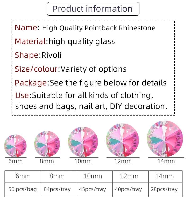 6/8/10/12/14MM Rivoli Rhinestone Round Pointed Diamond Stones Colorful Beads Crafts Crystal Nail Clothes Jewelry Accessories