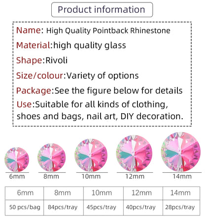 6/8/10/12/14MM Rivoli Rhinestone Round Pointed Diamond Stones Colorful Beads Crafts Crystal Nail Clothes Jewelry Accessories