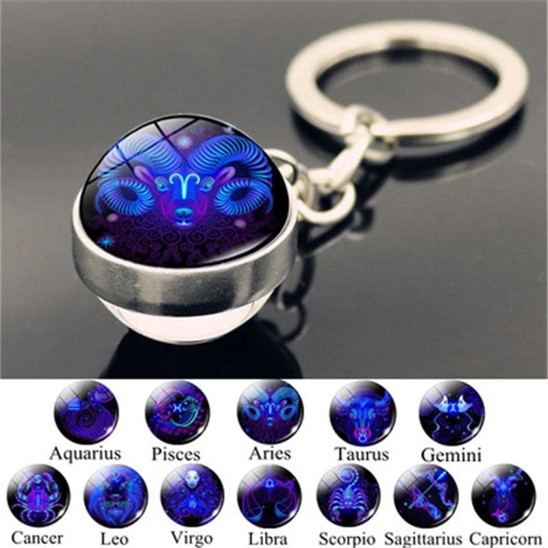 Fashion 12 Constellation Keychain Double Side Glass Cabochon Ball Keychain Zodiac Signs Key Rings Jewelry for Women Men Gift