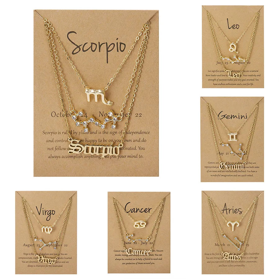 3Pcs/set 12 Zodiac Sign Necklace For Women 12 Constellation Pendant Chain Choker Birthday Jewelry With Cardboard Card