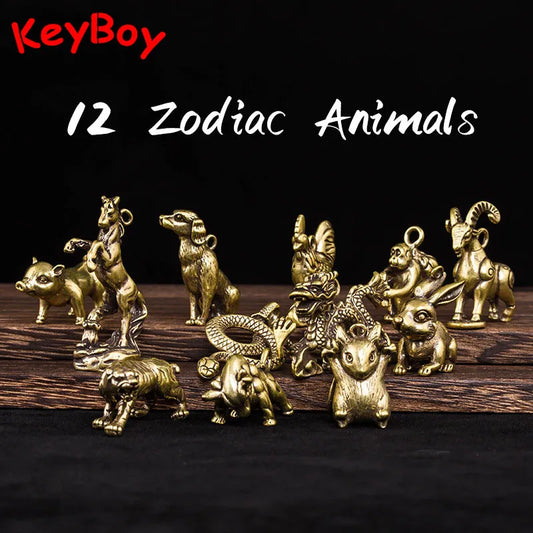 Brass Key Chain Pendant 12 Zodiac Animas Mice Bull Tiger Rabbit Dragon Snake Horse Sheep Monkey Chicken Dog Pig Figures Keychain