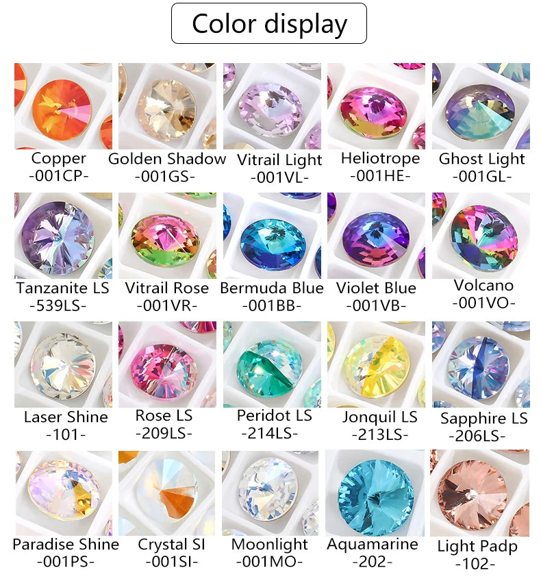6/8/10/12/14MM Rivoli Rhinestone Round Pointed Diamond Stones Colorful Beads Crafts Crystal Nail Clothes Jewelry Accessories