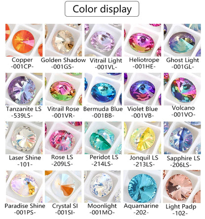 6/8/10/12/14MM Rivoli Rhinestone Round Pointed Diamond Stones Colorful Beads Crafts Crystal Nail Clothes Jewelry Accessories