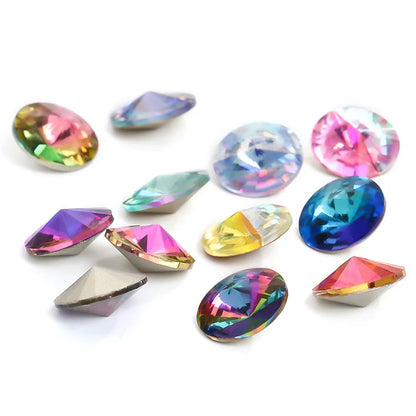 6/8/10/12/14MM Rivoli Rhinestone Round Pointed Diamond Stones Colorful Beads Crafts Crystal Nail Clothes Jewelry Accessories