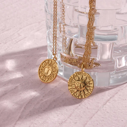 EBbelle Creative Design Casting Stereoscopic Coin Necklace Stainless Steel Gold Color 12 Zodiac Sign Sun Necklace For Women