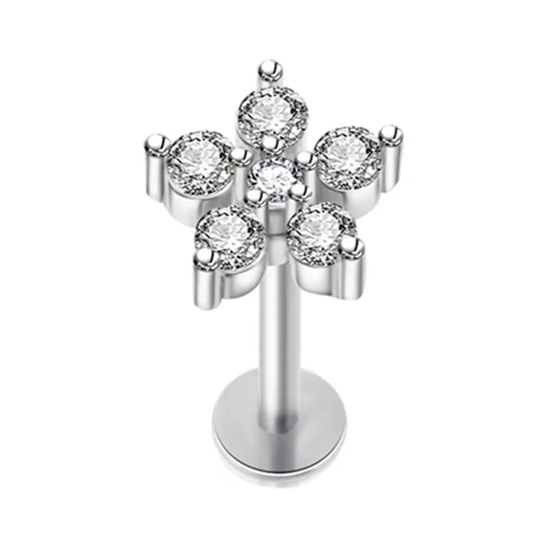 Crystal Flower Tragus Piercing Earring Flat 16G Cross Cartilage Piercing Stud Helix Jewelry Conch Rook Lobe Earring Labret Stud