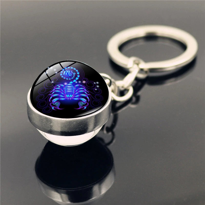 Fashion 12 Constellation Keychain Double Side Glass Cabochon Ball Keychain Zodiac Signs Key Rings Jewelry for Women Men Gift