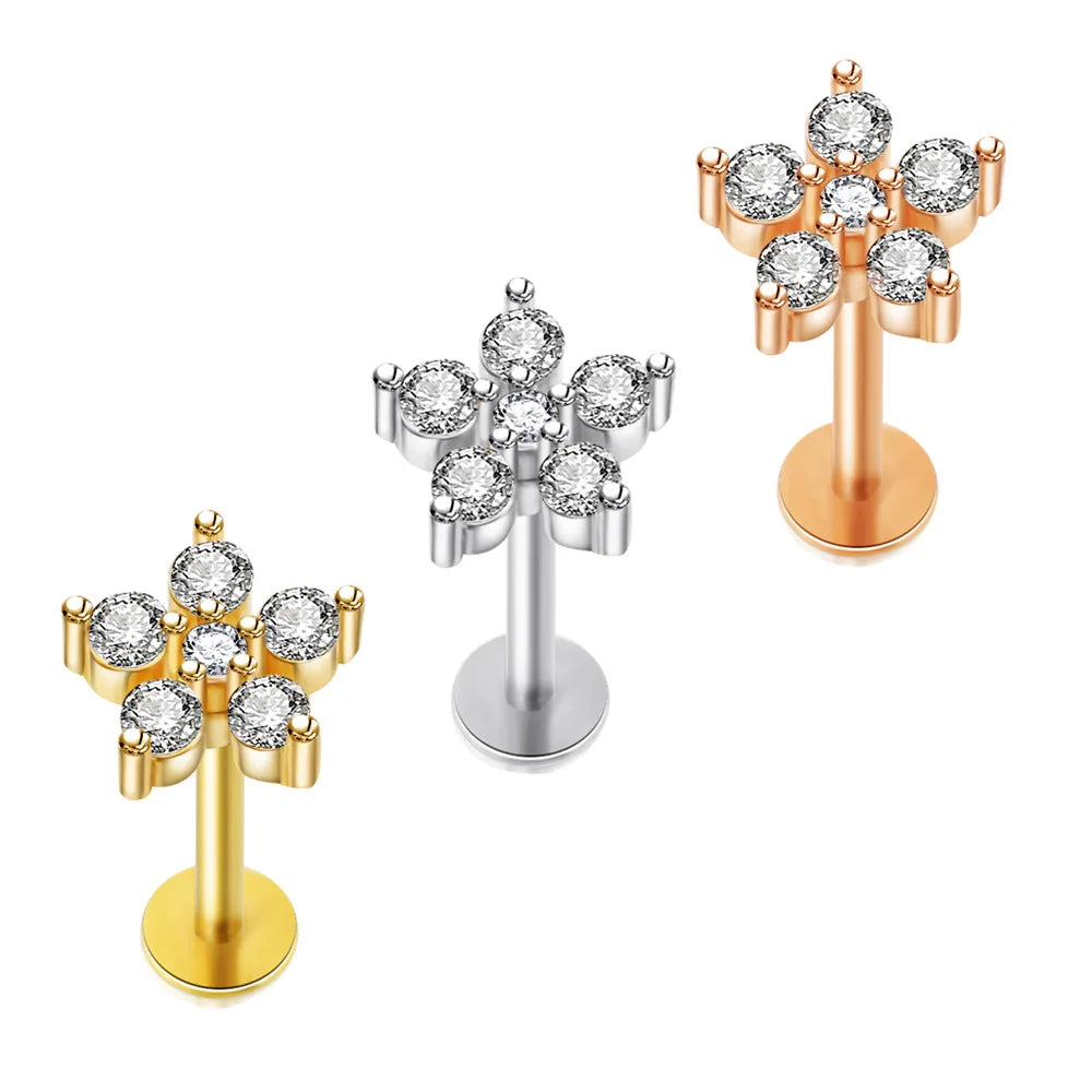 Crystal Flower Tragus Piercing Earring Flat 16G Cross Cartilage Piercing Stud Helix Jewelry Conch Rook Lobe Earring Labret Stud