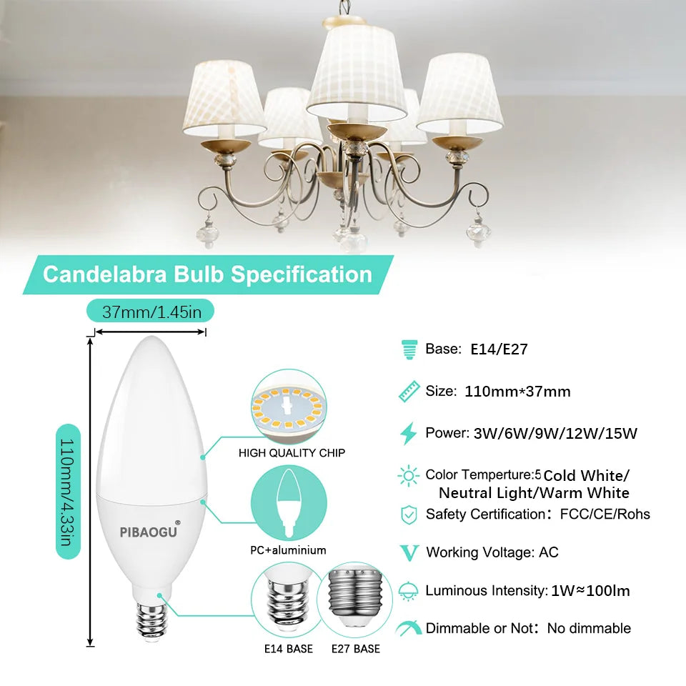 10PCS LED Candle Bulbs Light AC85-265V E14 E27 LED Candle Bulbs LED Ceiling Light Decoration LED Chandelier For Home Living Room
