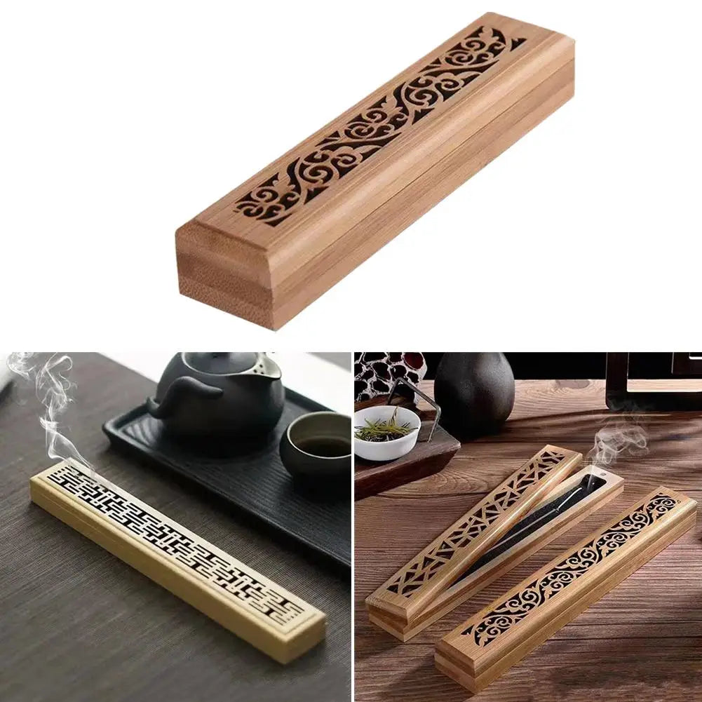 Natural Bamboo Incense Burner With Laying Plate Aromatherapy Wooden Box For Incense Storage Burning Hollowed Line Incense Box