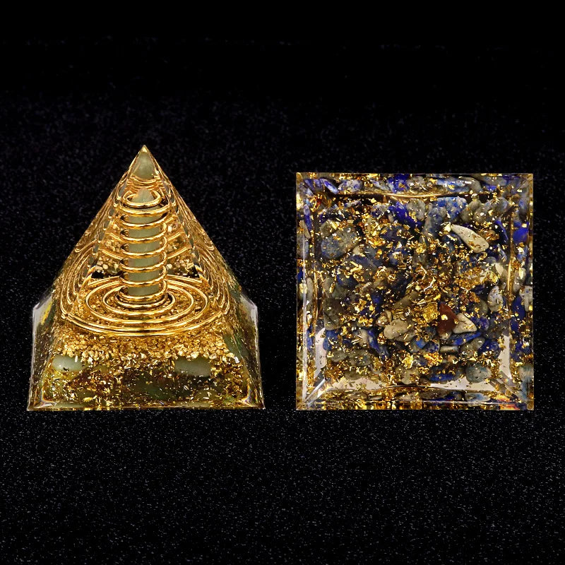 Natural Crystal Energy Generator Pyramid Peridot Gold Sandstone Reiki Healing Resin Pyramid Egyptian Room Decoration 6x6cm