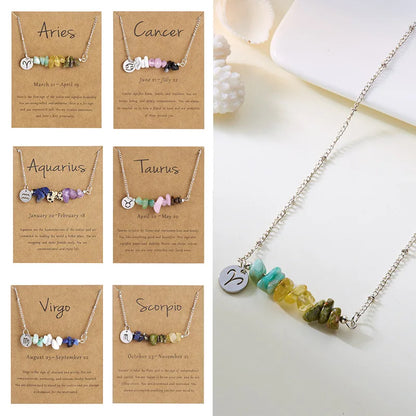 12 Zodiac Signs Constellation Charm Natural Crushed Stone Beaded Necklace for Men Women Couple Choker Virgo Leo Libra Jewelry
