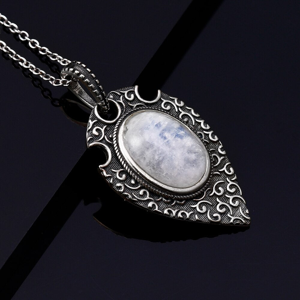 Silver Necklace Pendant Large Oval 10*14MM Natural Moonstone Retro Bohemian Style Necklace Pendant Party