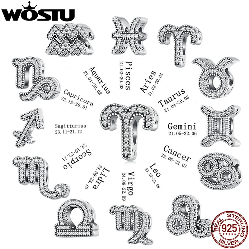 WOSTU 925 Sterling Silver Vintage 12 Zodiac Constellation Beads Orignal Zircon Aries Libra Charms Fit DIY Bracelet Necklace Gift