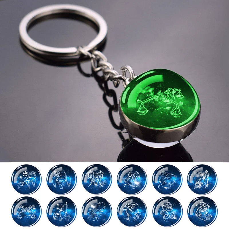 Glowing 12 Zodiac Keychain Sagittarius Scorpio Libra Aquarius Pisces Zodiac Glass Ball Luminous Keyring for Birthday Gift