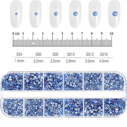 12Gird 3D Glass AB Crystal Nail Art Rhinestones Kit Flatback Round Bead Charm Gem Stones Jewelry Diamond with Tools for Nail Art
