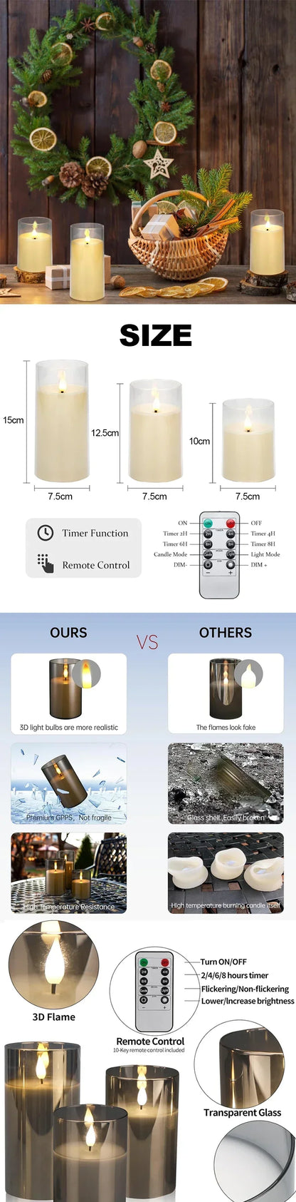 Led Electronic Candles Light Flameless Remote Timer Flickering Lamp Clear Acrylic Glass Battery Powered Wedding Party Christmas