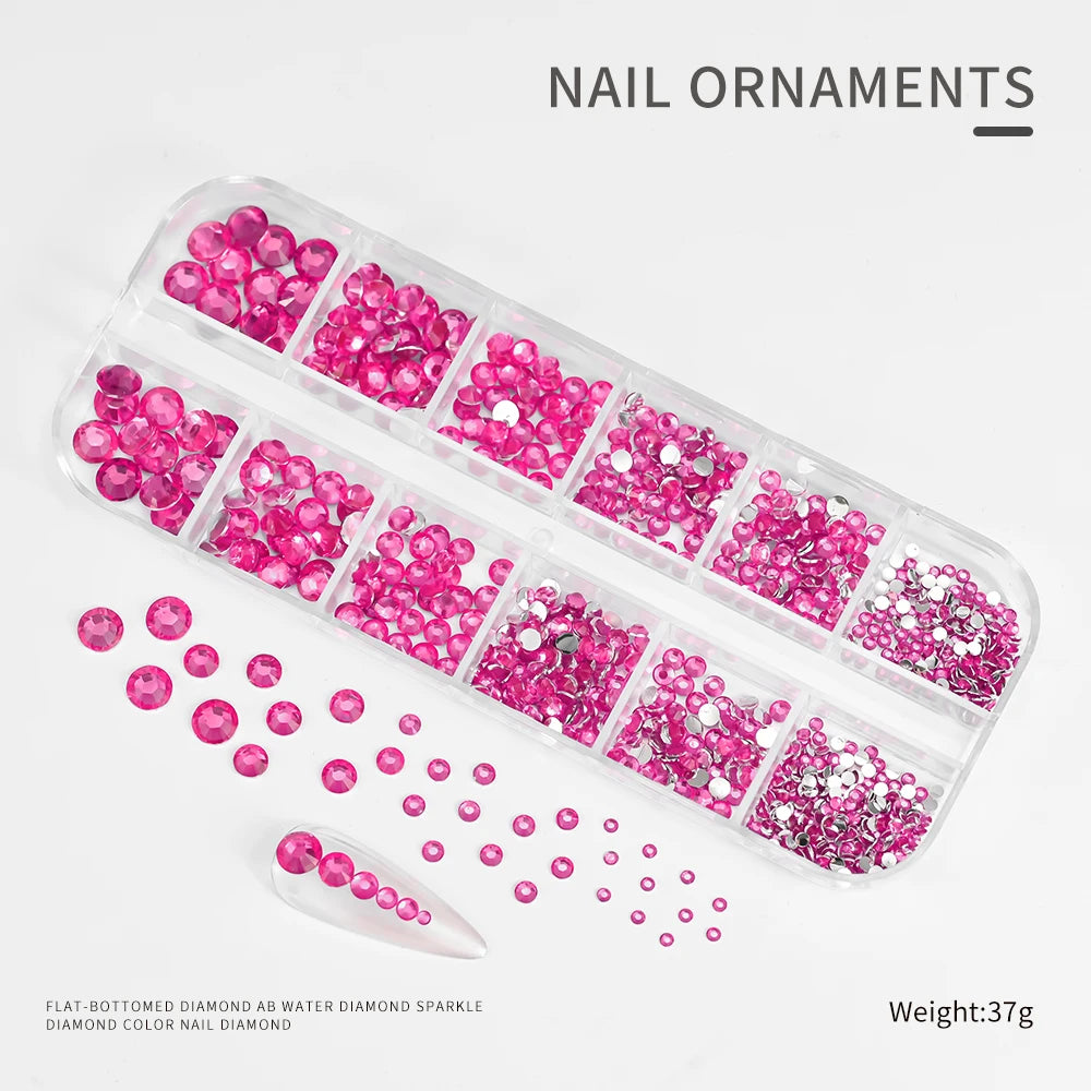 12Gird 3D Glass AB Crystal Nail Art Rhinestones Kit Flatback Round Bead Charm Gem Stones Jewelry Diamond with Tools for Nail Art