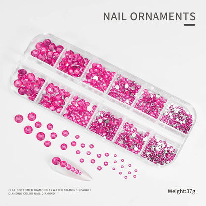 12Gird 3D Glass AB Crystal Nail Art Rhinestones Kit Flatback Round Bead Charm Gem Stones Jewelry Diamond with Tools for Nail Art