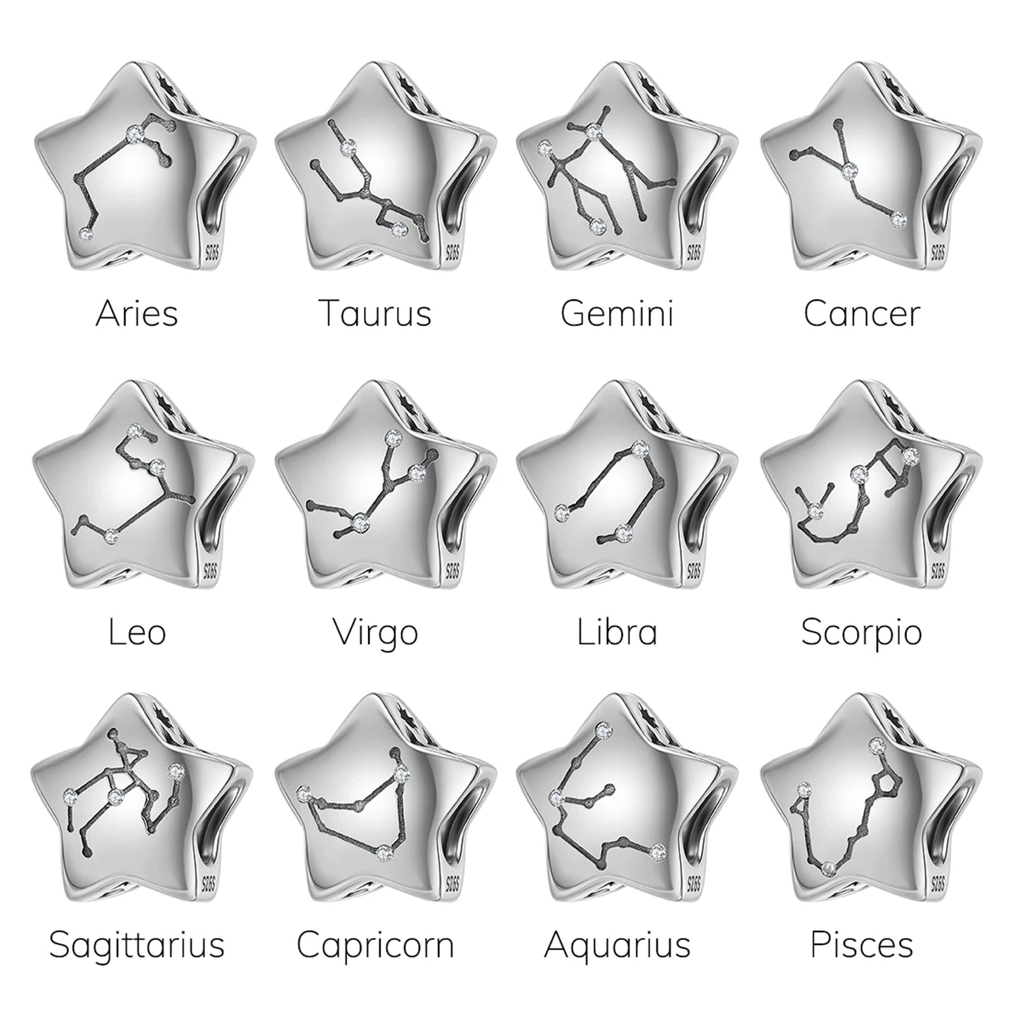 Plain Silver Zircon Lines 925 Sterling Silver 12 Zodiac Signs for Charm Beads Fit Original Bracelet Diy Jewelry Accessories