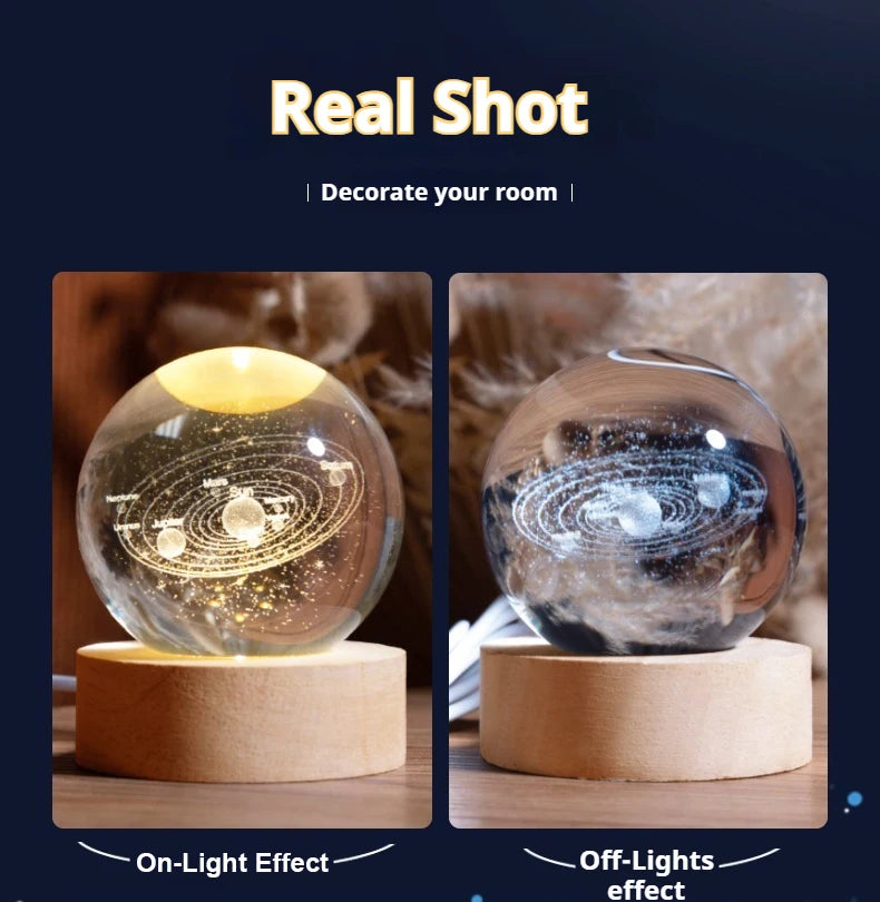 6cm 3D Crystal Ball Decoration 2024 Astronomy Solar System Planets Moon Astronaut LED Balls Home Snow Glass Globe Decorations