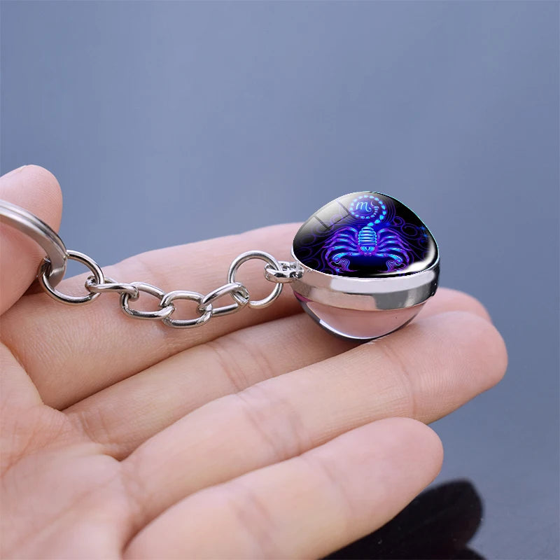 12 Constellation Keychain Fashion Double Side Cabochon Glass Ball Keychain Zodiac Signs Jewelry For Men For Women Birthday Gift