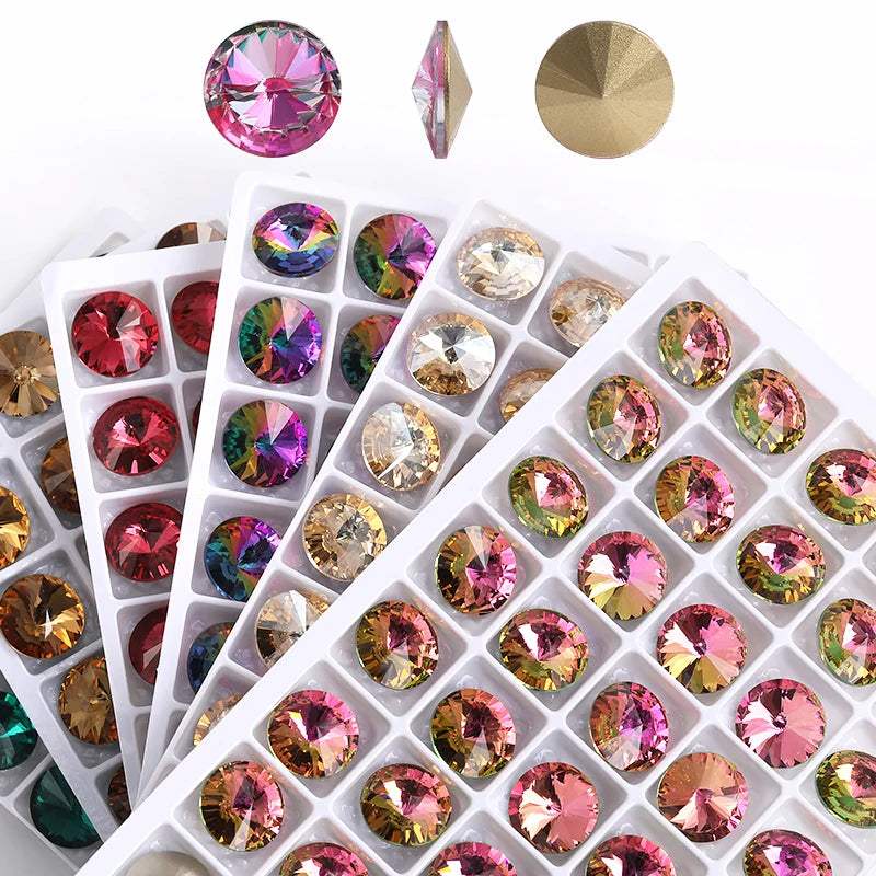 6/8/10/12/14MM Rivoli Rhinestone Round Pointed Diamond Stones Colorful Beads Crafts Crystal Nail Clothes Jewelry Accessories