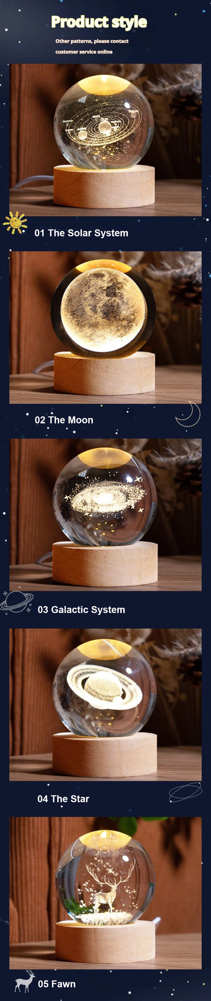 6cm 3D Crystal Ball Decoration 2024 Astronomy Solar System Planets Moon Astronaut LED Balls Home Snow Glass Globe Decorations