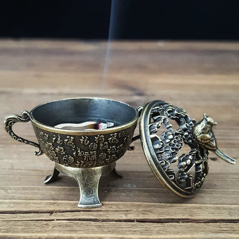 Ancient Style Magpie Lucky Incense Burner Metal Lotus Incense Burner Bowl Incense Holder With Handle Yoga Meditation Home Decor