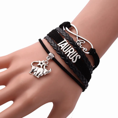 12 Constellation Zodiac Sign Black Braided Leather Bracelet Cancer Leo Virgo Libra Woven Jewelry Punk Men Pendant Bracelet 2022