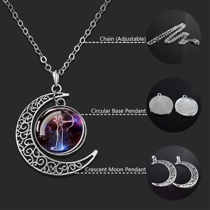 Luminous 12 Constellation Pendants Glass Dome Crescent Pendant Necklace Men Women Glow in The Dark Zodiac Sign Birthday Jewelry