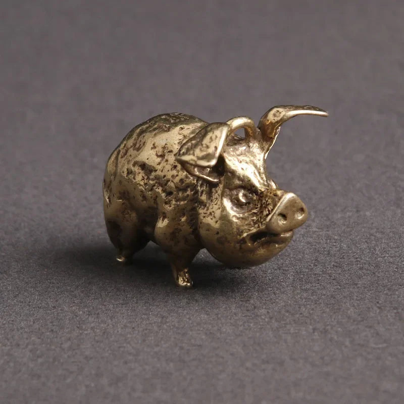 Retro Copper Chinese 12 Zodiac Flying Pig Statue Home Decoration Antique Brass Lucky Animal Figurine Small Table Desk Ornaments