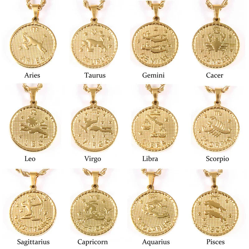 Stainless Steel 12 Constellation Necklace For Women Zodiac Sign Necklace Gold Plated Round Coin Clavicle Chain Vintage Jewelry