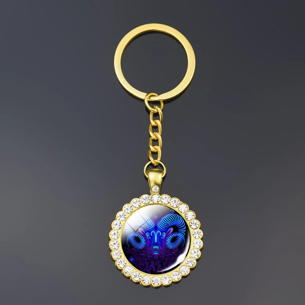 12 Constellation Keychain Fashion Double Side Cabochon Glass Ball Keychain Zodiac Signs Jewelry For Men For Women Birthday Gift