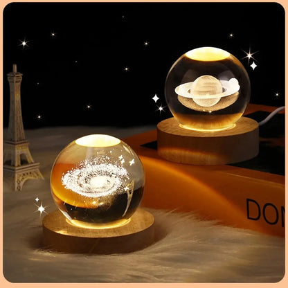 6cm 3D Crystal Ball Decoration 2024 Astronomy Solar System Planets Moon Astronaut LED Balls Home Snow Glass Globe Decorations