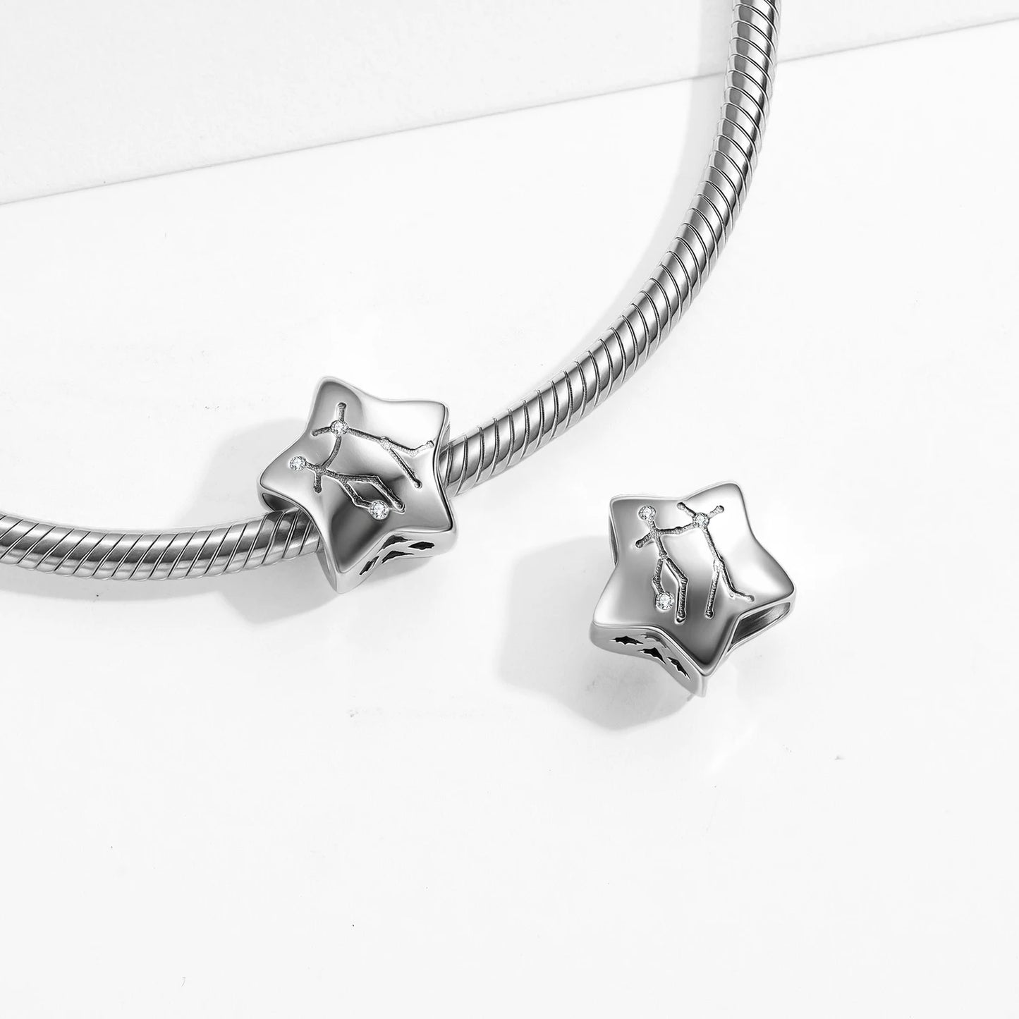 Plain Silver Zircon Lines 925 Sterling Silver 12 Zodiac Signs for Charm Beads Fit Original Bracelet Diy Jewelry Accessories