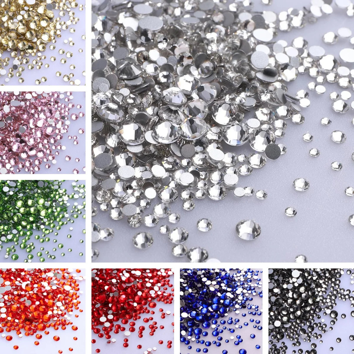 SS3-SS20 Mix Size Glitter Glass Round Rhinestones Silver Bottom Non Hotfix Small Size Crystal For Nail Art Clothes Decoration