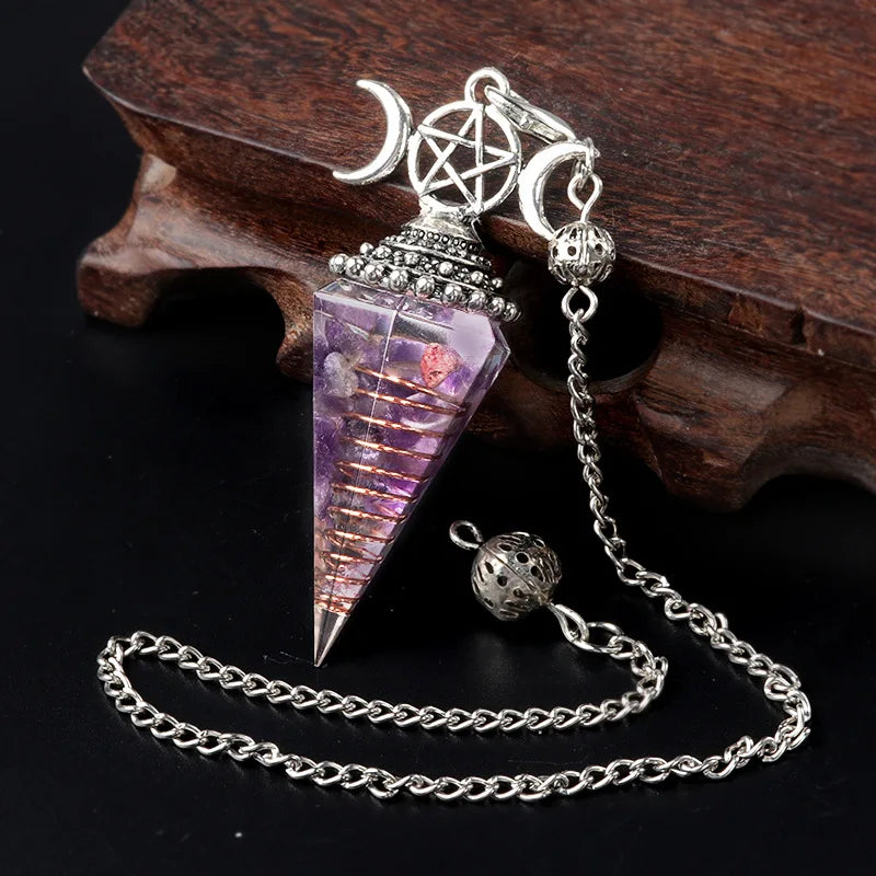 54x24mm Natural Stone Crystal Reiki Pendulum Three Phases Moon Hexagonal Cone Amethysts Charms for Jewelry Making DIY Necklace